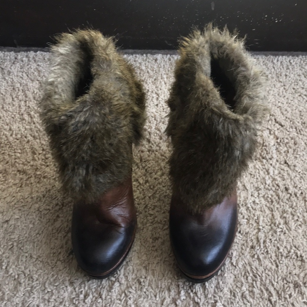 Vince Camuto leather and faux fur wedge booties